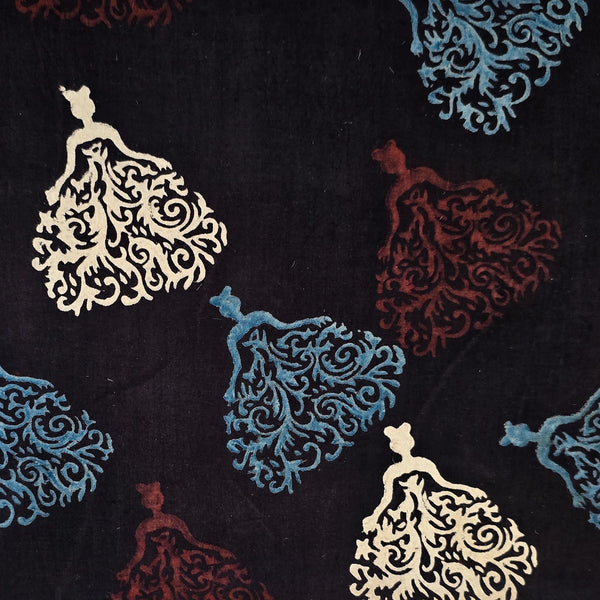 Pure Cotton Ajrak Black With Cream And Blue And Rust Red Doll Design Hand Block Print Fabric