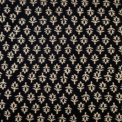 Pure Cotton Ajrak Black With Cream And Intricate Small Flower Motif  Hand Block Print Fabric