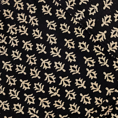 Pure Cotton Ajrak Black With Cream And Intricate Small Flower Motif  Hand Block Print Fabric