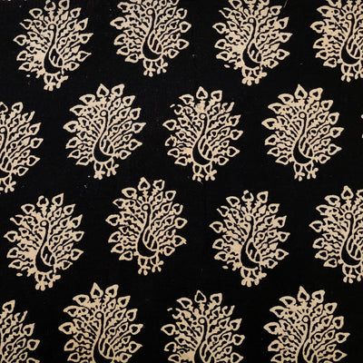 Pure Cotton Ajrak Black With Cream And Peacock Motif  Hand Block Print Fabric