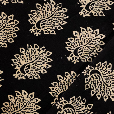 Pure Cotton Ajrak Black With Cream And Peacock Motif  Hand Block Print Fabric