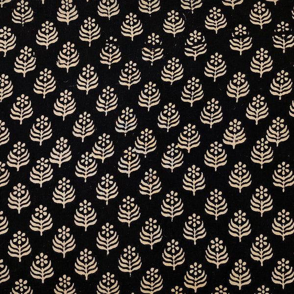 Pure Cotton Ajrak Black With Cream And Single Flower Plant Motif  Hand Block Print Fabric