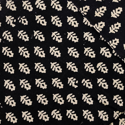Pure Cotton Ajrak Black With Cream And Small Flower   Hand Block Print Fabric