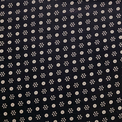 Pure Cotton Ajrak Black With Cream Dot Flowers Hand Block Print Fabric