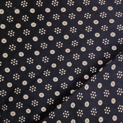 Pure Cotton Ajrak Black With Cream Dot Flowers Hand Block Print Fabric