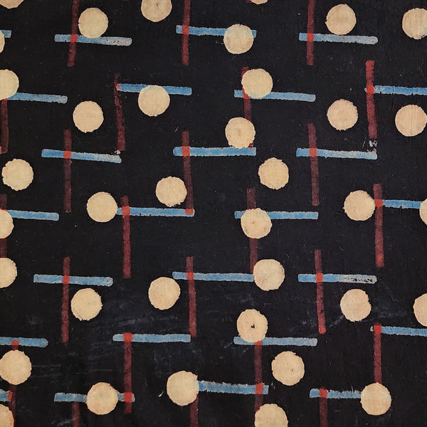 (Pre Cut 1 Meter )Pure Cotton Ajrak Black With Cream  Dots And Red And Blue  Stripes Hand Block Print Fabric