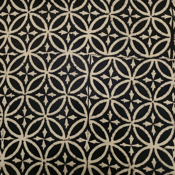 Pure Cotton Ajrak Black With Cream Geometrical Hand Block Print Fabric