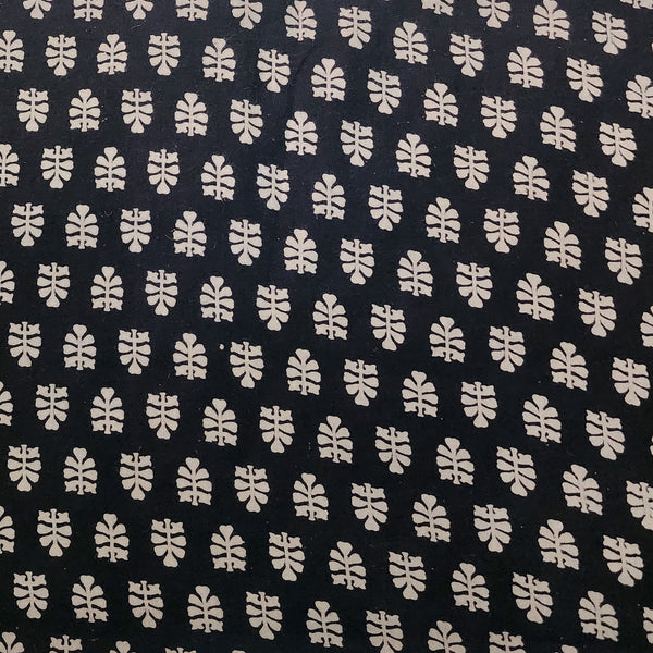 Pure Cotton Ajrak Black With Cream Motifs Hand Block Print Fabric