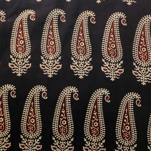 Pure Cotton Ajrak Black With Cream Rust Kairi Hand Block Print Fabric