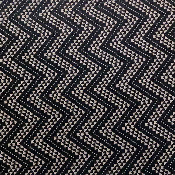 Pure Cotton Ajrak Black With Cream Zig Zag Hand Block Print Fabric