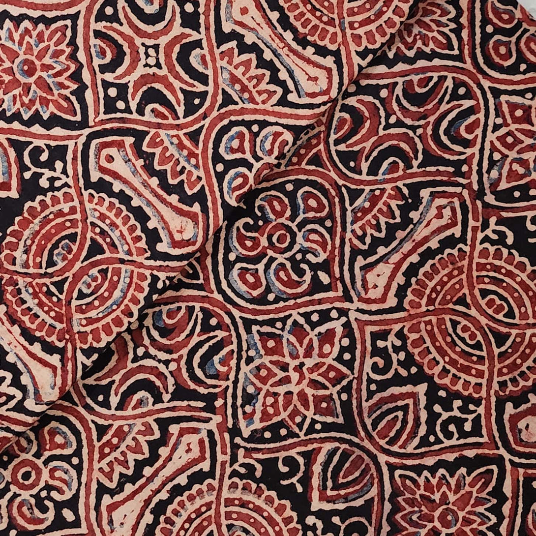 Ajarak Pattern ( Pre-Cut 1 Meter ) Pure Cotton Ajrak Black With Curvy All Over Patter ...