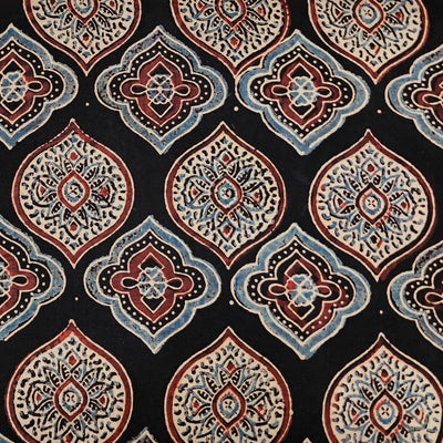 Pure Cotton Ajrak Black With Intricate Design With Light Blue And Red Hand Block Print Fabric