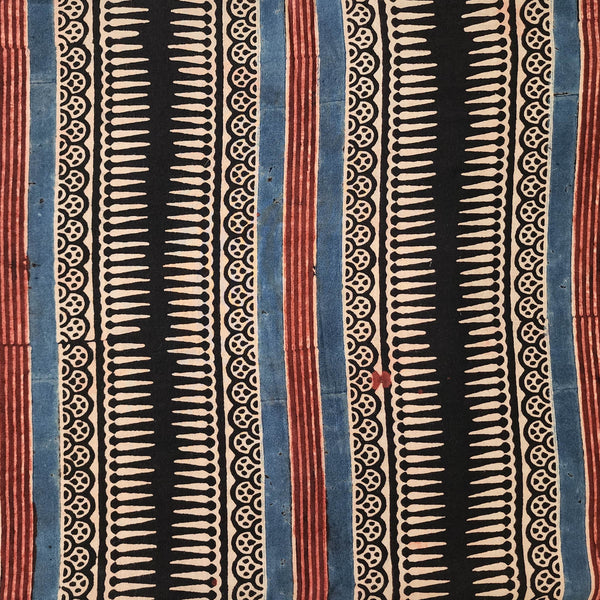 Pure Cotton Ajrak Black With Light Blue And Red Border Hand Block Print Fabric