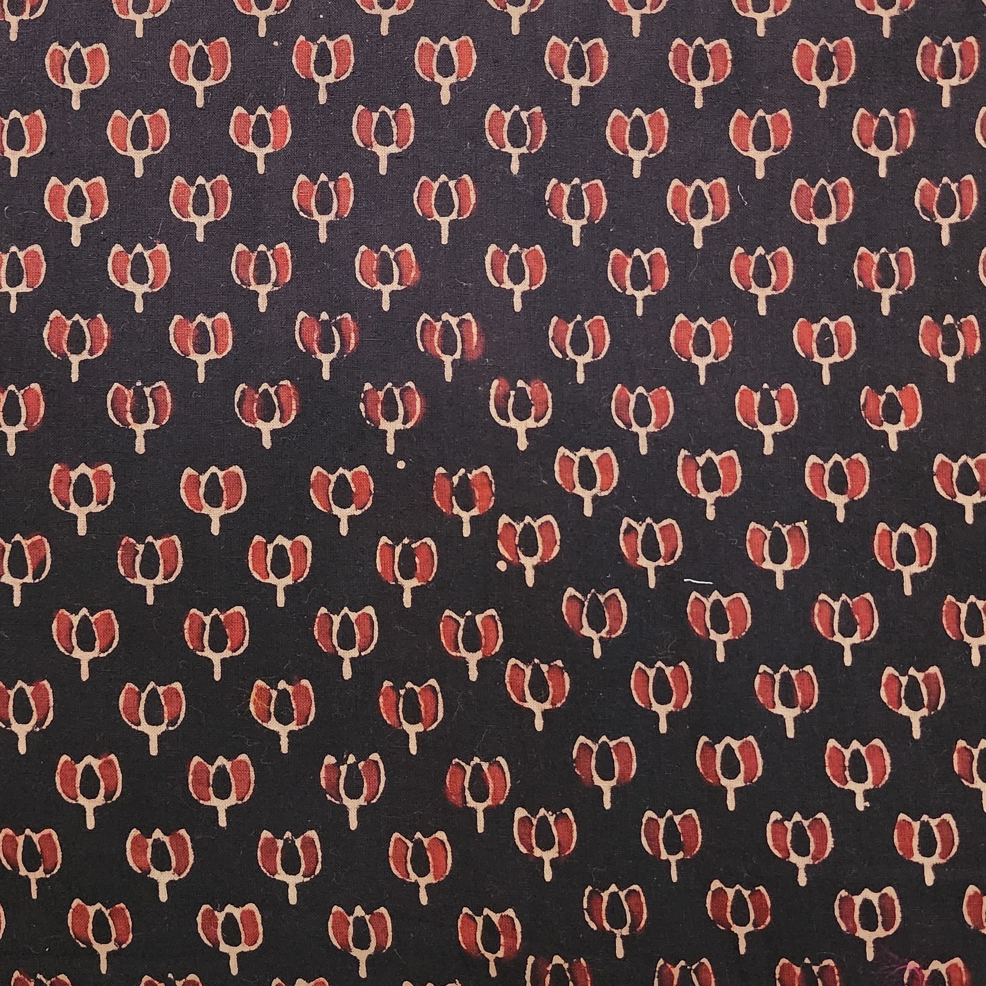 Pre Cut (1.30 Meter) Pure Cotton Ajrak Black With Lotus Hand Block Pri ...