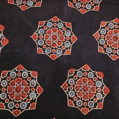 Pure Cotton Ajrak Black With Red And Blue Big Flower Intricate Design Hand Block Print Fabric