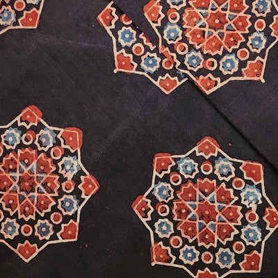 Pure Cotton Ajrak Black With Red And Blue Big Flower Intricate Design Hand Block Print Fabric