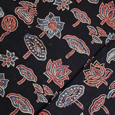 Pure Cotton Ajrak   Black With Red And Blue Different Flower In Pond Grass Flower Motif Hand Block Print Fabric