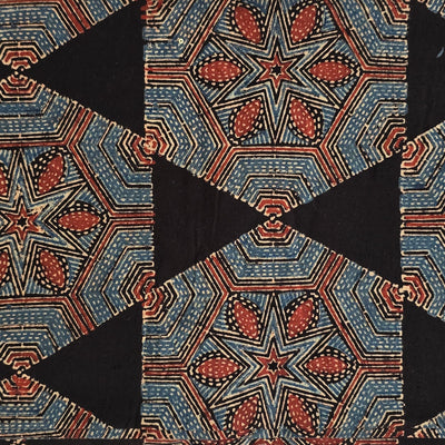 Pure Cotton Ajrak Black With Red And Blue Inricate Design Big Star Hand Block Print Fabric