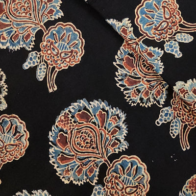 Pure Cotton Ajrak  Black With Red Big Wild Jungle Flower Motif Hand Block Print Fabric