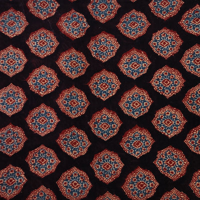 Pure Cotton Ajrak Black With Rust And Blue Design Hand Block Print Fabric