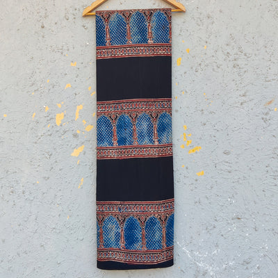 (Per-Cut 0.91 cm) Pure Cotton Ajrak Black With Rust Blue Big Border Intricate Design Hand Block Print Fabric