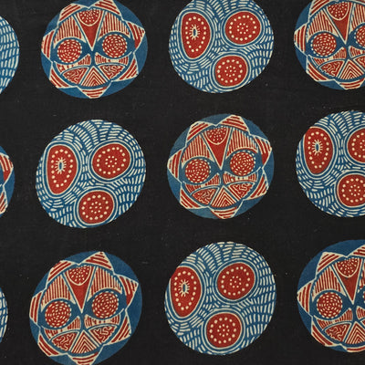 Pure Cotton Ajrak Black With Rust Blue Big Circles Intricate Design Hand Block Print Fabric