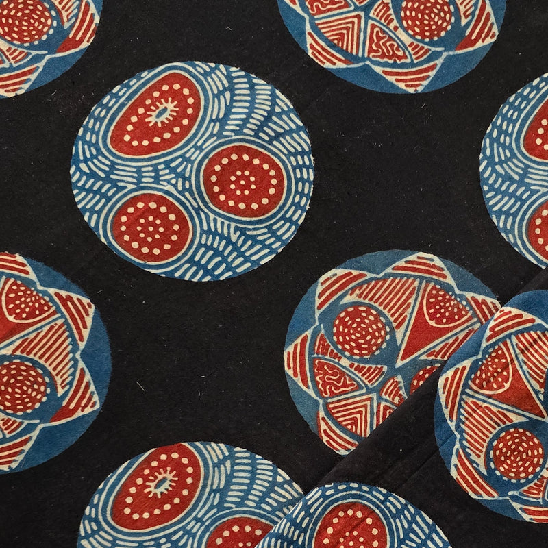 Pure Cotton Ajrak Black With Rust Blue Big Circles Intricate Design Hand Block Print Fabric