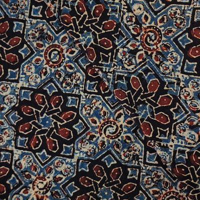 Pure Cotton Ajrak Black With Rust Blue Intricate Flower Design Hand Block Print Fabric