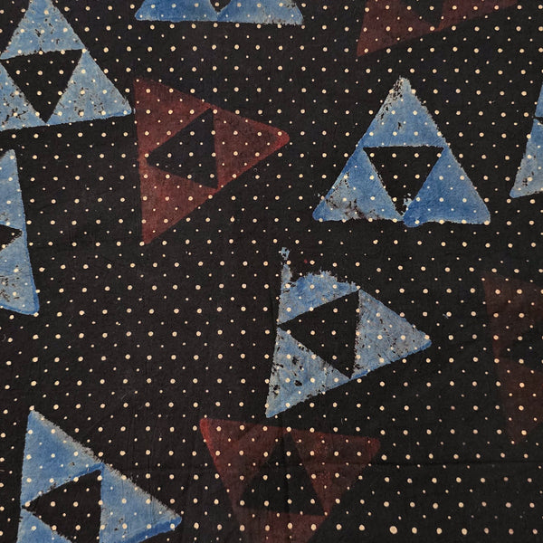 Pure Cotton Ajrak Black With Rust Brown And Rust Blue Triangle Hand Block Print Fabric