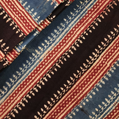 Pure Cotton Ajrak  Black With Rust Red And Blue Border Hand Block Print Fabric