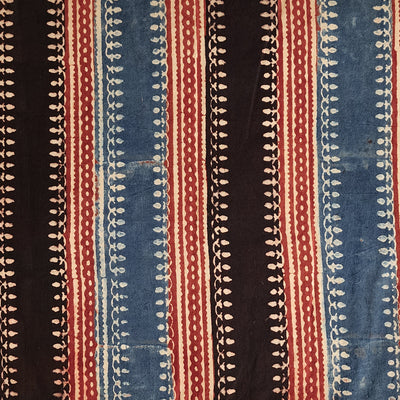 Pure Cotton Ajrak  Black With Rust Red And Blue Border Hand Block Print Fabric