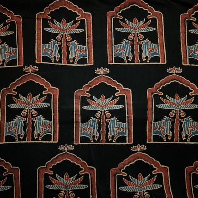 Pure Cotton Ajrak  Black With Rust Red And Blue  Window With Intricate Cow Design Hand Block Print Fabric