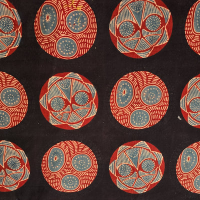 Pure Cotton Ajrak Black With Rust Red Big Circles Intricate Design Hand Block Print Fabric