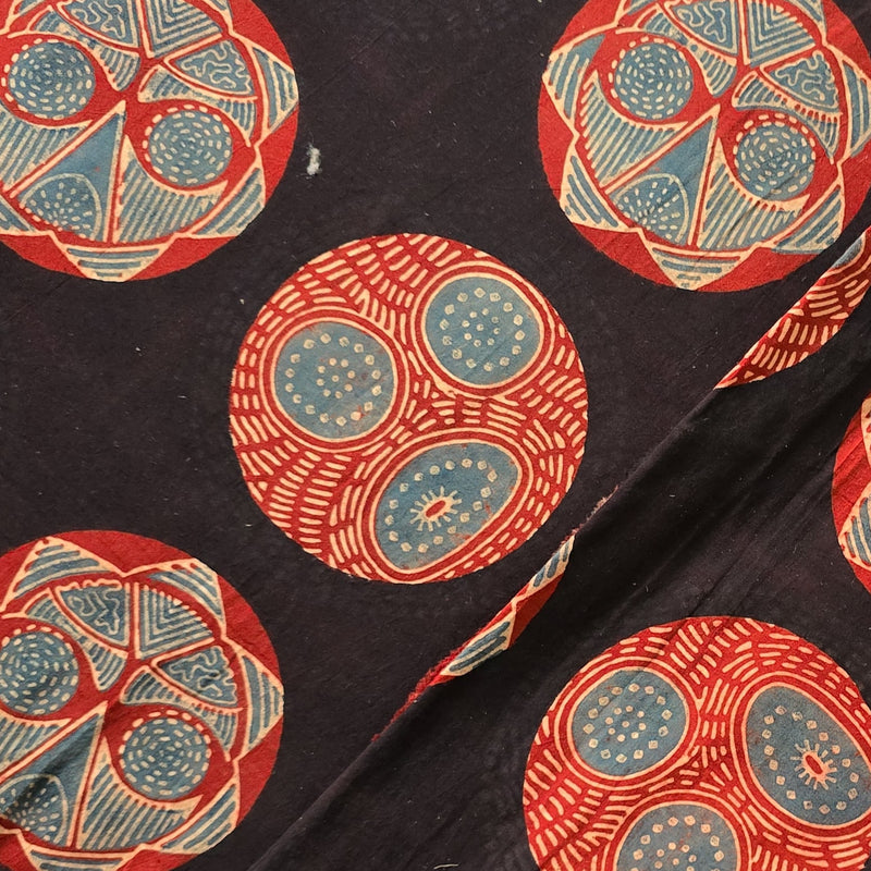 Pure Cotton Ajrak Black With Rust Red Big Circles Intricate Design Hand Block Print Fabric