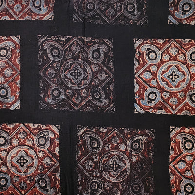 Pure Cotton Ajrak Black With Rust Red Square Intricate Design Hand Block Print Fabric