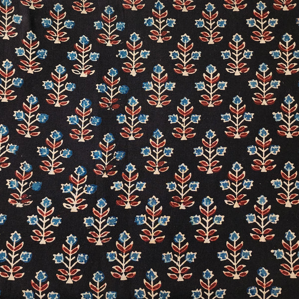 Pure Cotton Ajrak Black With Rust Red With Blue Flower Hand Block Print Fabric