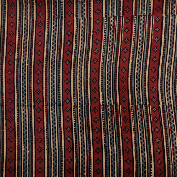 Pure Cotton Ajrak Black With Rust Two Different Border Hand Block Print Fabric