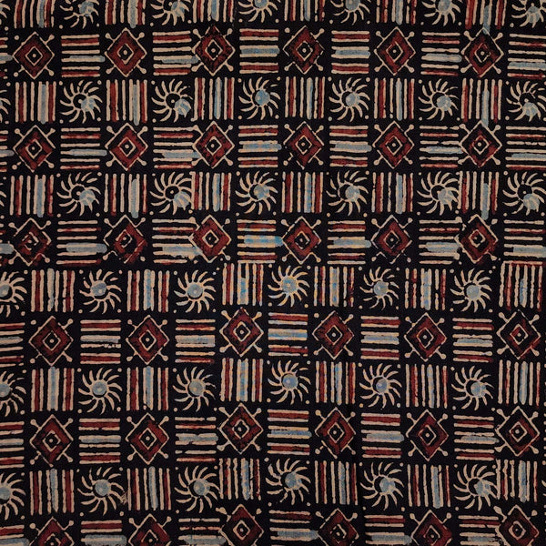 (Pre-cut 0.85 meter )Pure Cotton Ajrak Black With SLines Surya Diamond Motifs Hand Block Print Fabric