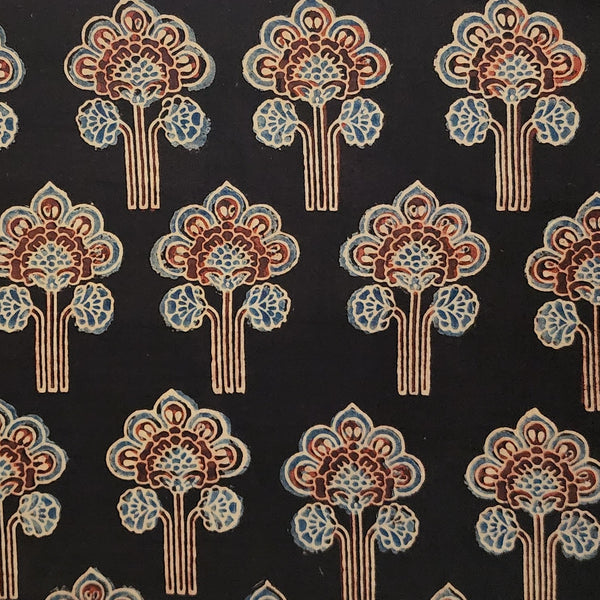 Pure Cotton Ajrak Black With Tree Motif Hand Block Print Fabric