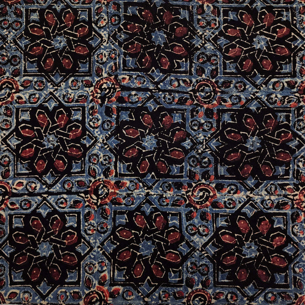 PRE-CUT 2.25 METER Pure Cotton Ajrak Black With Vedic Stars Hand Block Print Fabric