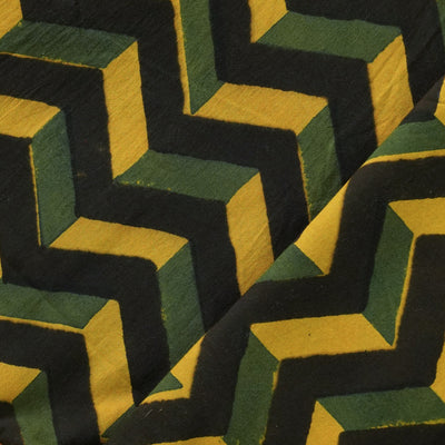 Pure Cotton Ajrak Black With Yellow And Green Geometrical Intricate Design Hand Block Print Fabric