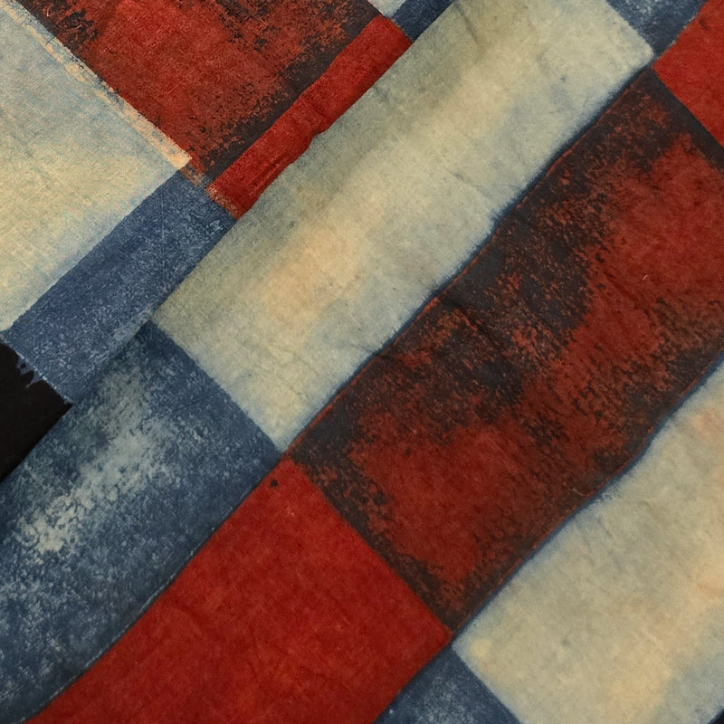 Pure Cotton Ajrak Blue And Cream And Black With Rust Red Big Bricks Hand Block Print Fabric