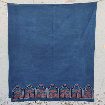 ( Precut 2.65 Meter ) Pure Cotton Ajrak Blue Plain Big Border Hand Block Print Fabric