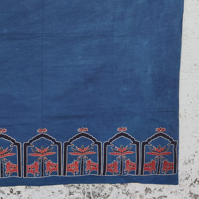 ( Precut 2.65 Meter ) Pure Cotton Ajrak Blue Plain Big Border Hand Block Print Fabric