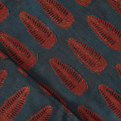 Pure Cotton Ajrak Rust Blue With Sandy Leaves Motif Hand Block Print Fabric