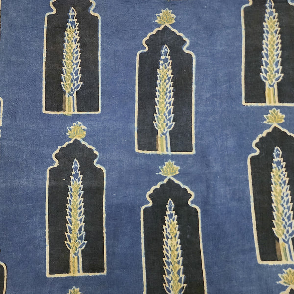 Pure Cotton Ajrak Blue Small Window Black With Green Leave Motif Hand Block Print Fabric