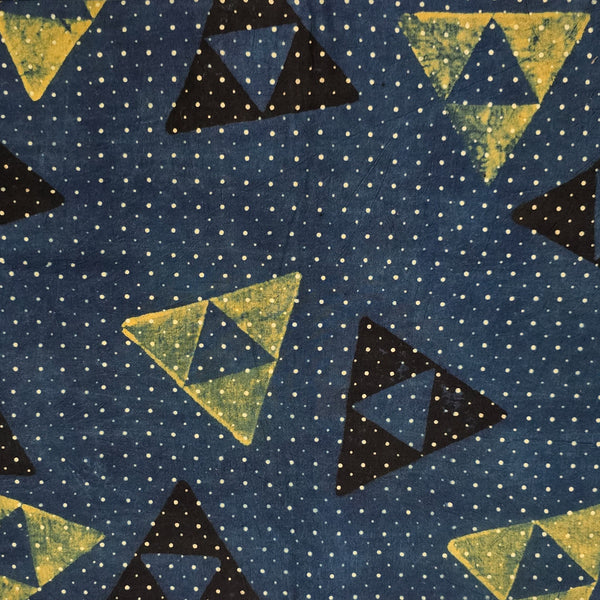 Pure Cotton Ajrak Blue With Black And Rust Green Triangle Hand Block Print Fabric