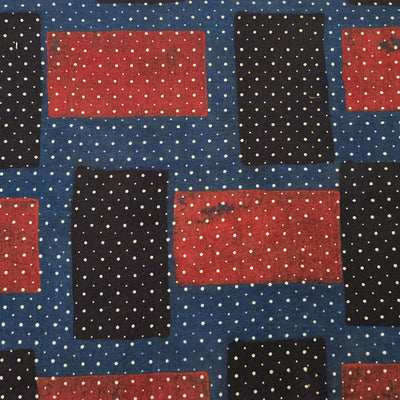 Pure Cotton Ajrak Blue With Black And Rust Red Bricks Hand Block Print Fabric