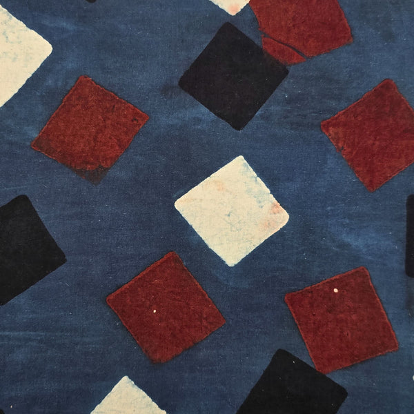 Pure Cotton Ajrak Blue With Black And Rust Red Square Design Hand Block Print Fabric