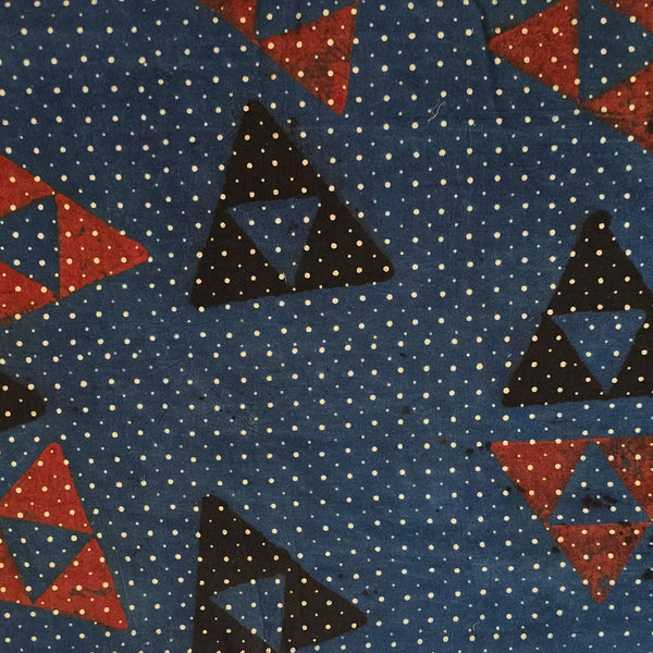 Pure Cotton Ajrak Blue With Black And Rust Red Triangle Hand Block Print Fabric